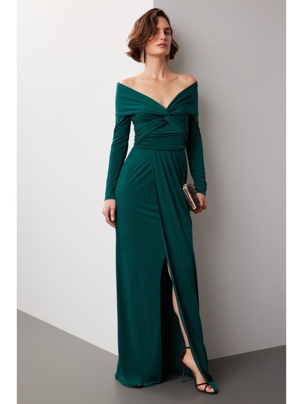 Zac Posen Wrapped Around Hunter Green Off Shoulder Long Sleeve Gown Size 2
